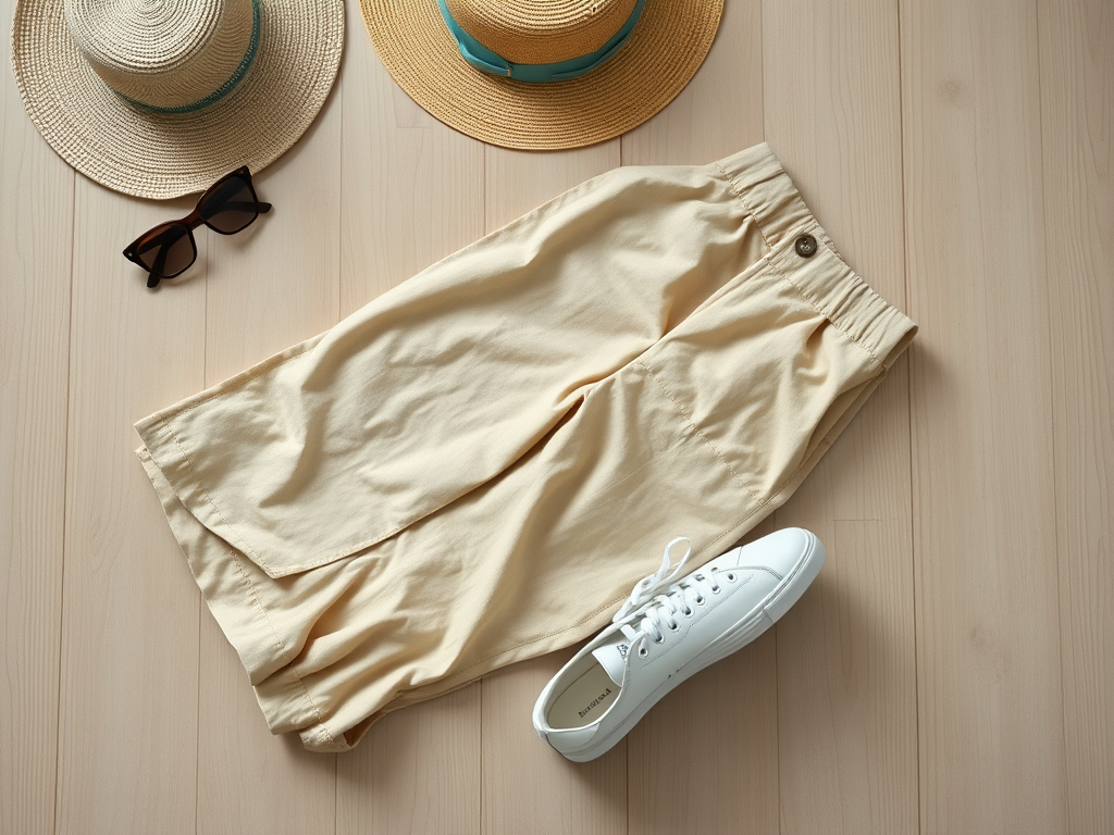 Pantaloni scurți bej, ochelari de soare și două pălării pe un fundal din lemn deschis. Sneakers albi lângă.