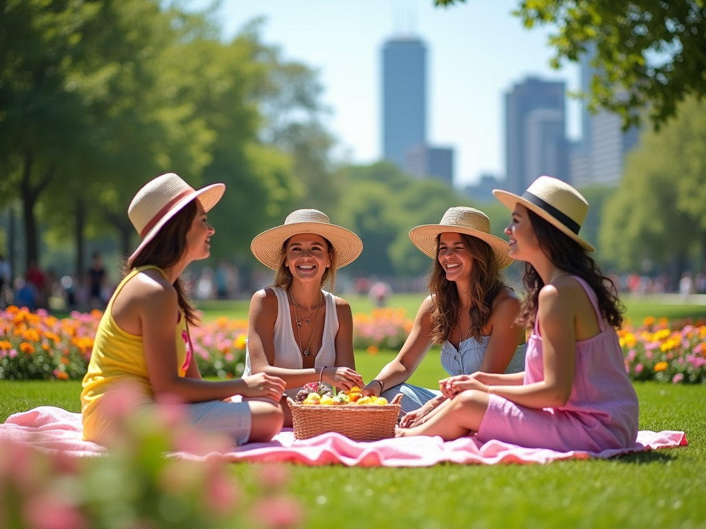 Patru femei zâmbitoare la picnic în parc, cu clădiri în fundal.