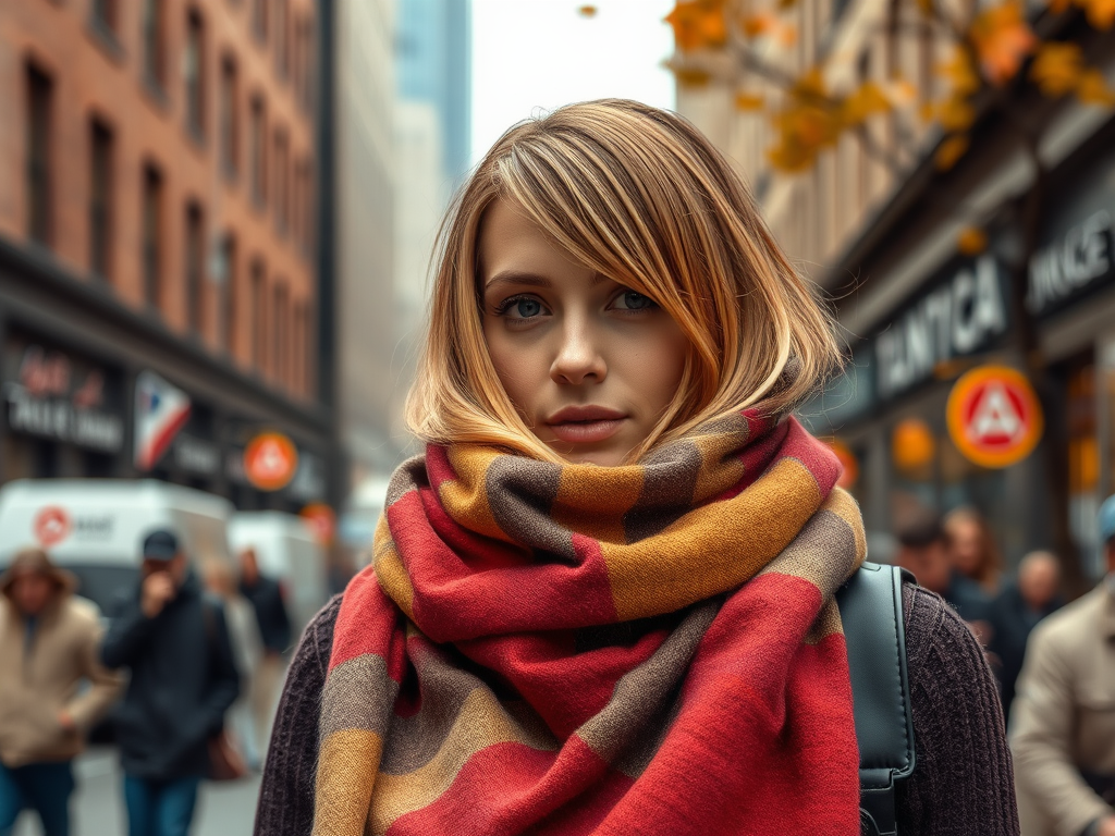 O tânără cu păr blond-cenușiu și eșarfă colorată se află pe o stradă aglomerată, înconjurată de oameni.