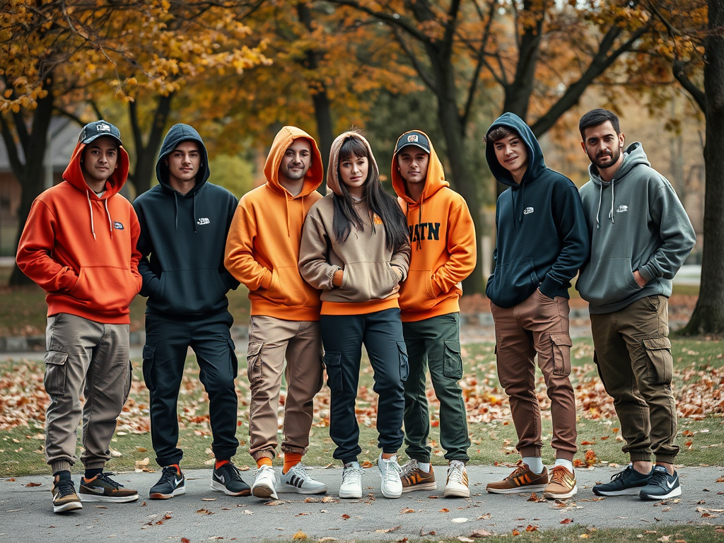 Un grup de tineri pozează în parc, purtând hanorace colorate și pantaloni casual, într-un peisaj de toamnă.