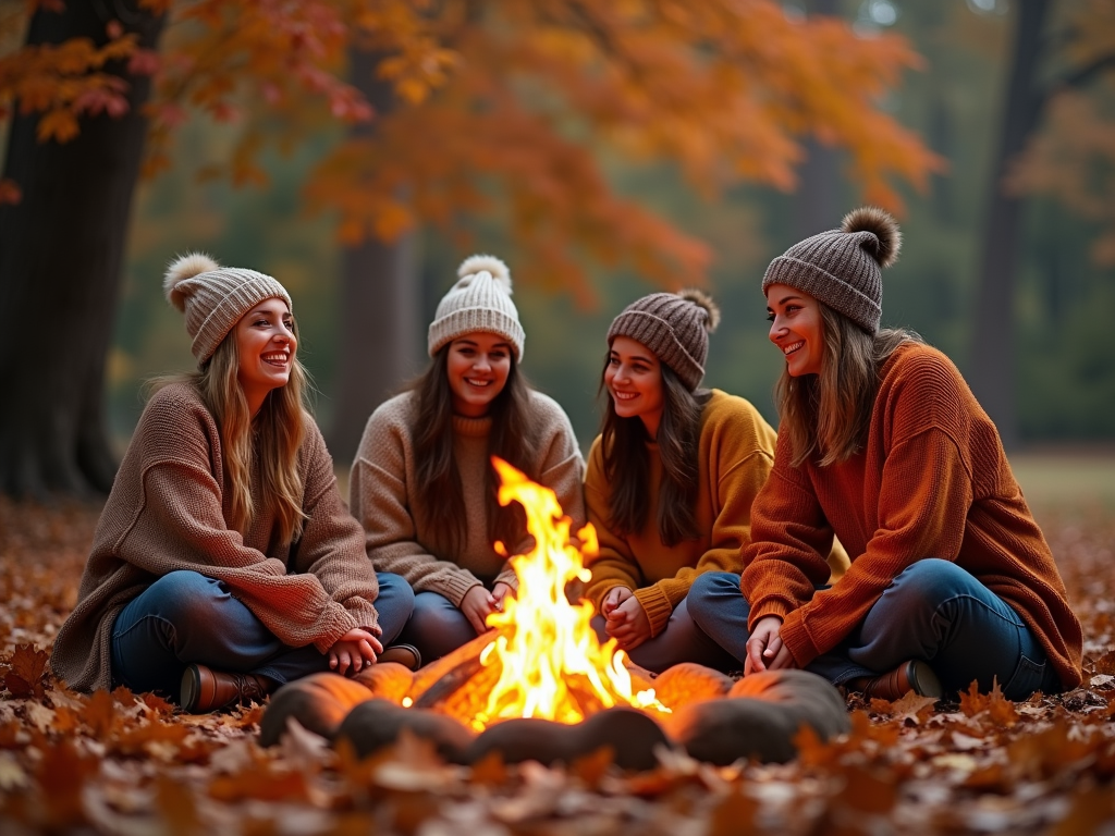 Patru femei zâmbitoare stau în jurul unui foc de tabără într-un parc toamna.