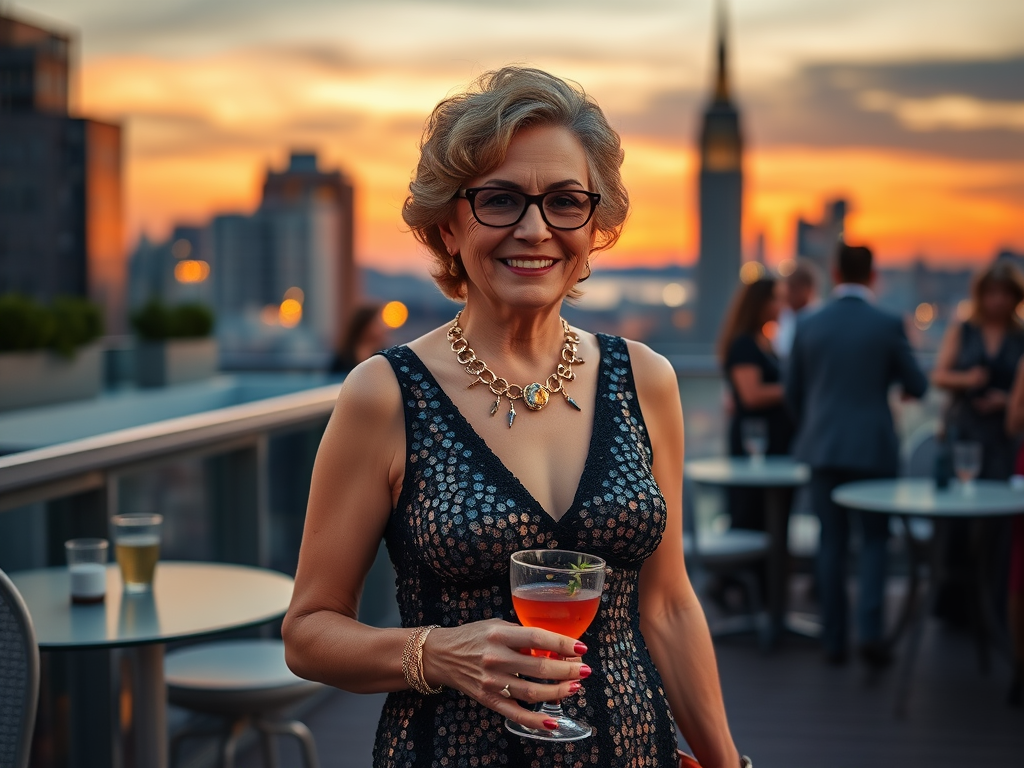 O femeie elegantă zâmbitoare cu un cocktail, în fața unui apus de soare pe o terasă, la o petrecere.